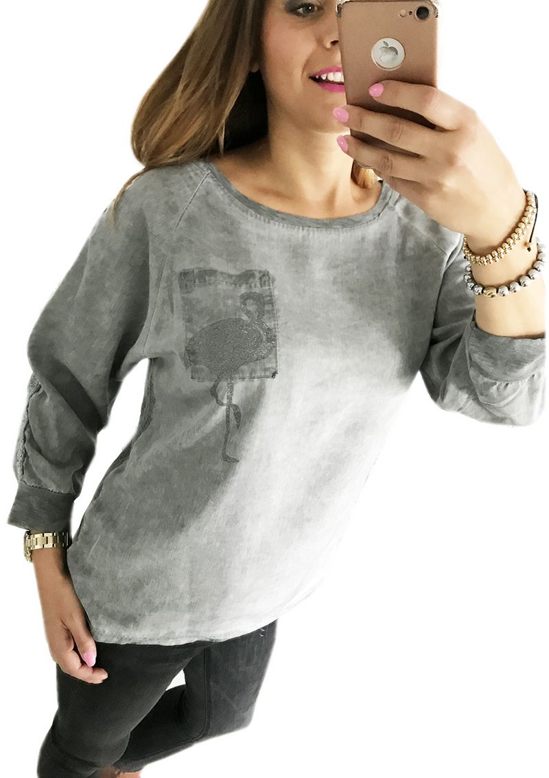 

AM165 Szara Bluzka Paski Kieszen Flaming Elegancka