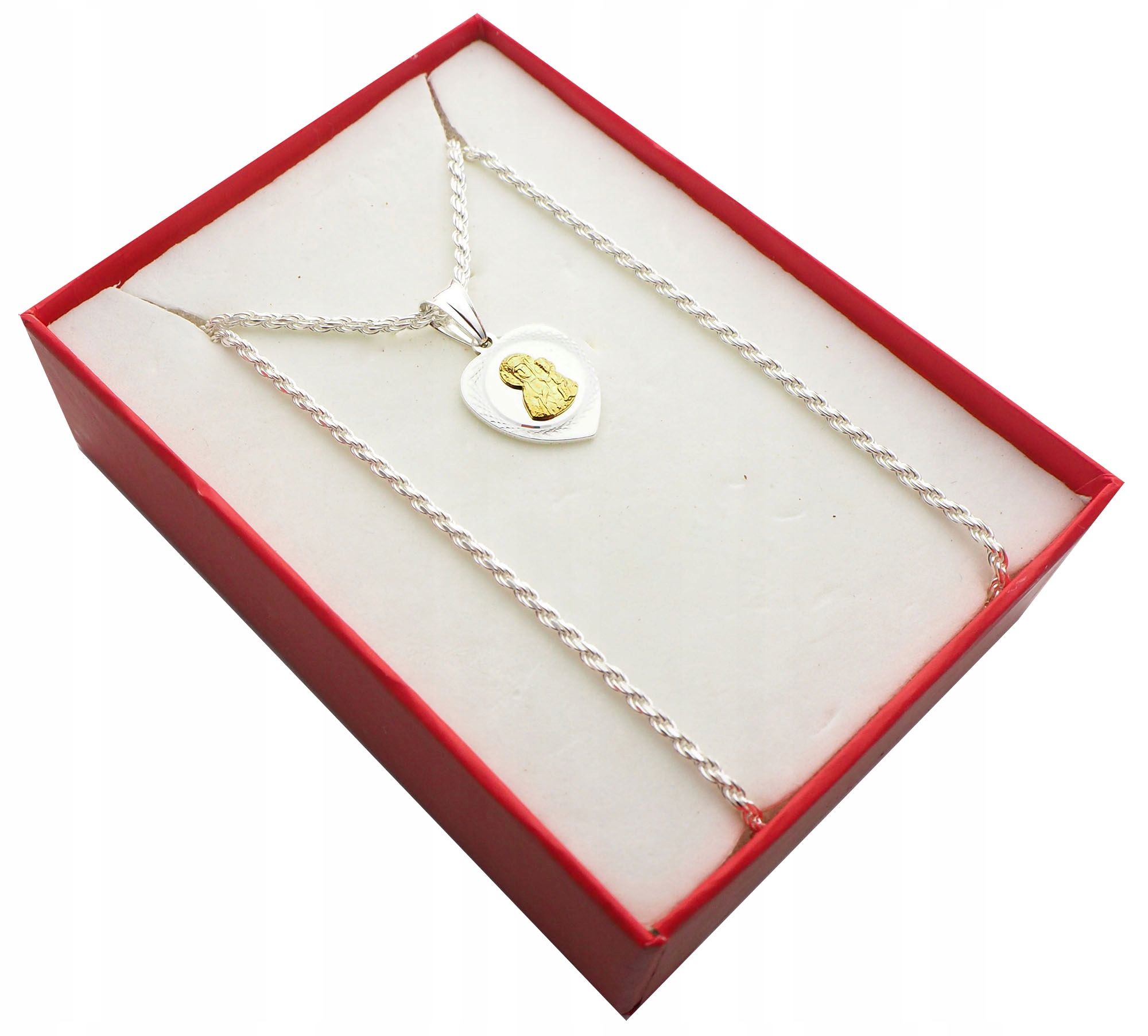 

Srebrny Łańcuszek+ Medalik Serduszko z Matką Boską