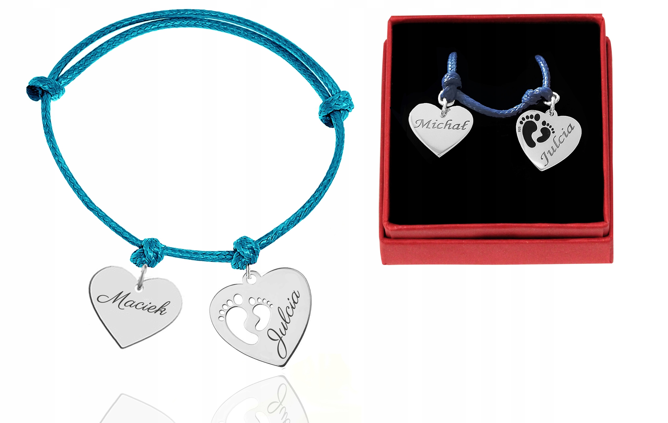 

Bransoletka Stópki Stopy Serce Sznurek Grawer 925