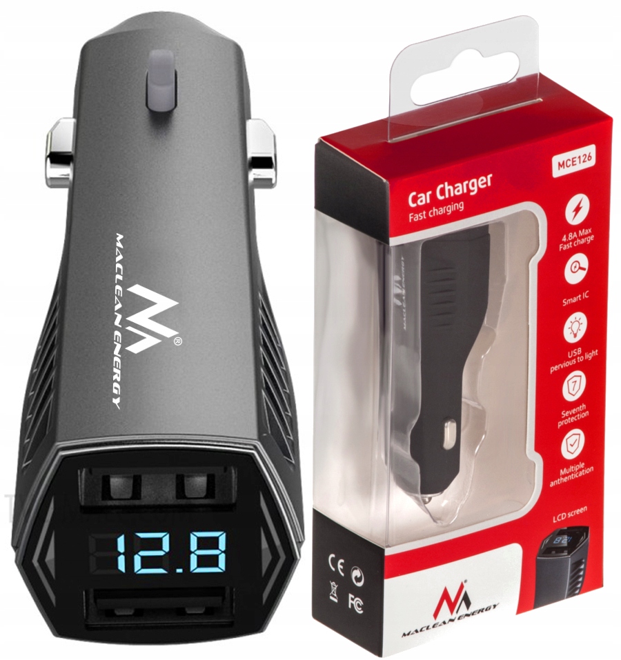 

Mocna Ładowarka Samochodowa 2xUSB 4,8A Woltomierz