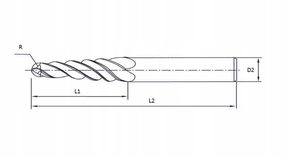 Frez VHM stożkowy R0.5 4 x 20 mm tapered relief Twardość (HRC) 45