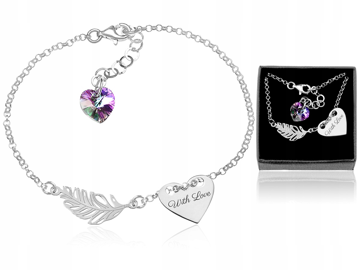 

Bransoletka Z Kr. Swarovski Piórko Serce Grawer