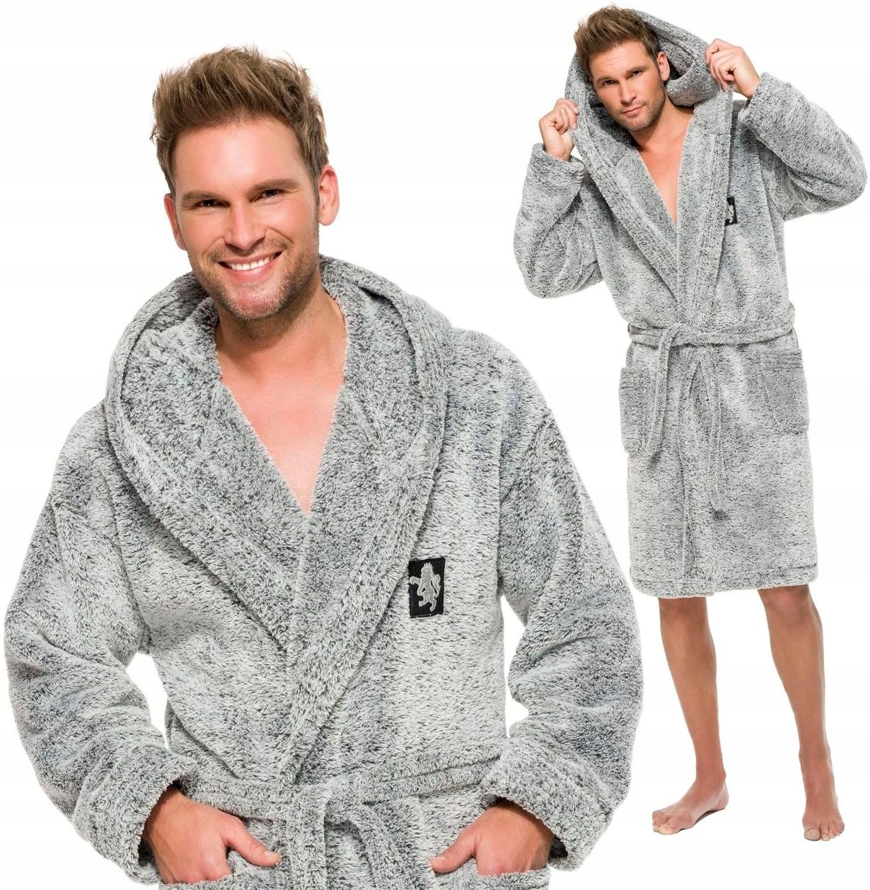 GRUBY CIEPŁY DŁUGI SZLAFROK MĘSKI Z KAPTUREM XL Rozmiar XL