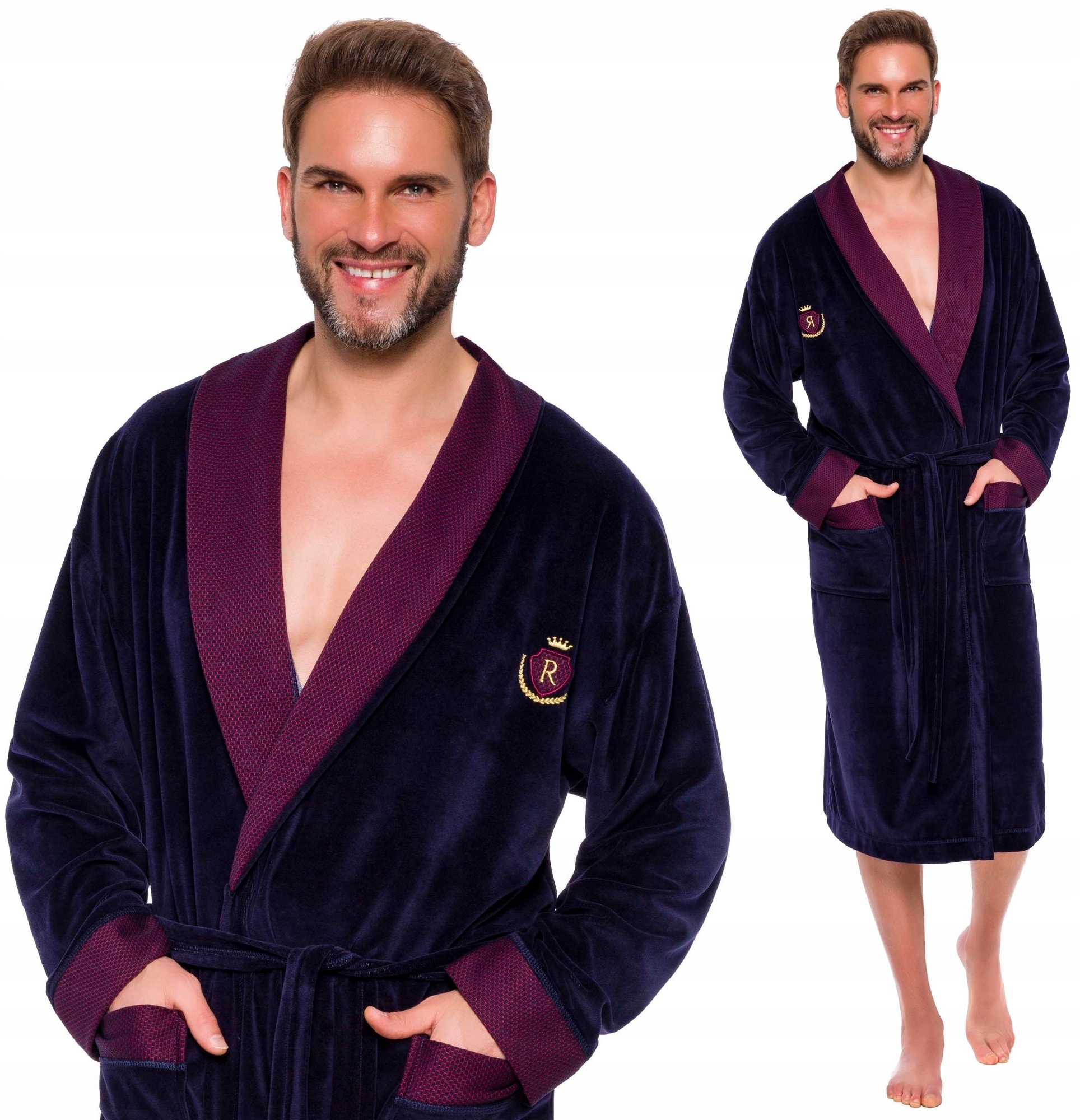 WELUROWY SZLAFROK MĘSKI - ATŁASOWY KOŁNIERZ M