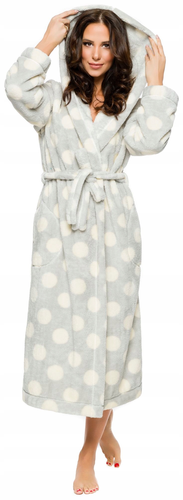 DŁUGI CIEPŁY PUCHOWY DAMSKI SZLAFROK PODOMKA L Kaptur z kapturem