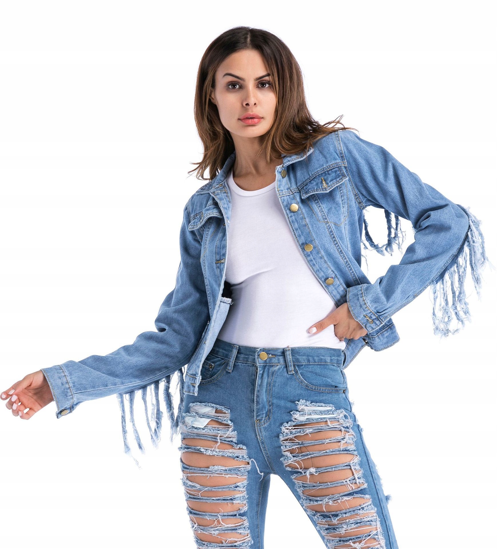 kurtka damska jeans dżins z frędzlami frędzle XXL - 7925946151