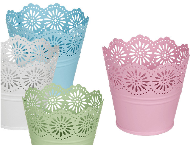 Znalezione obrazy dla zapytania oslonki na doniczki metalowa szara ażurowa