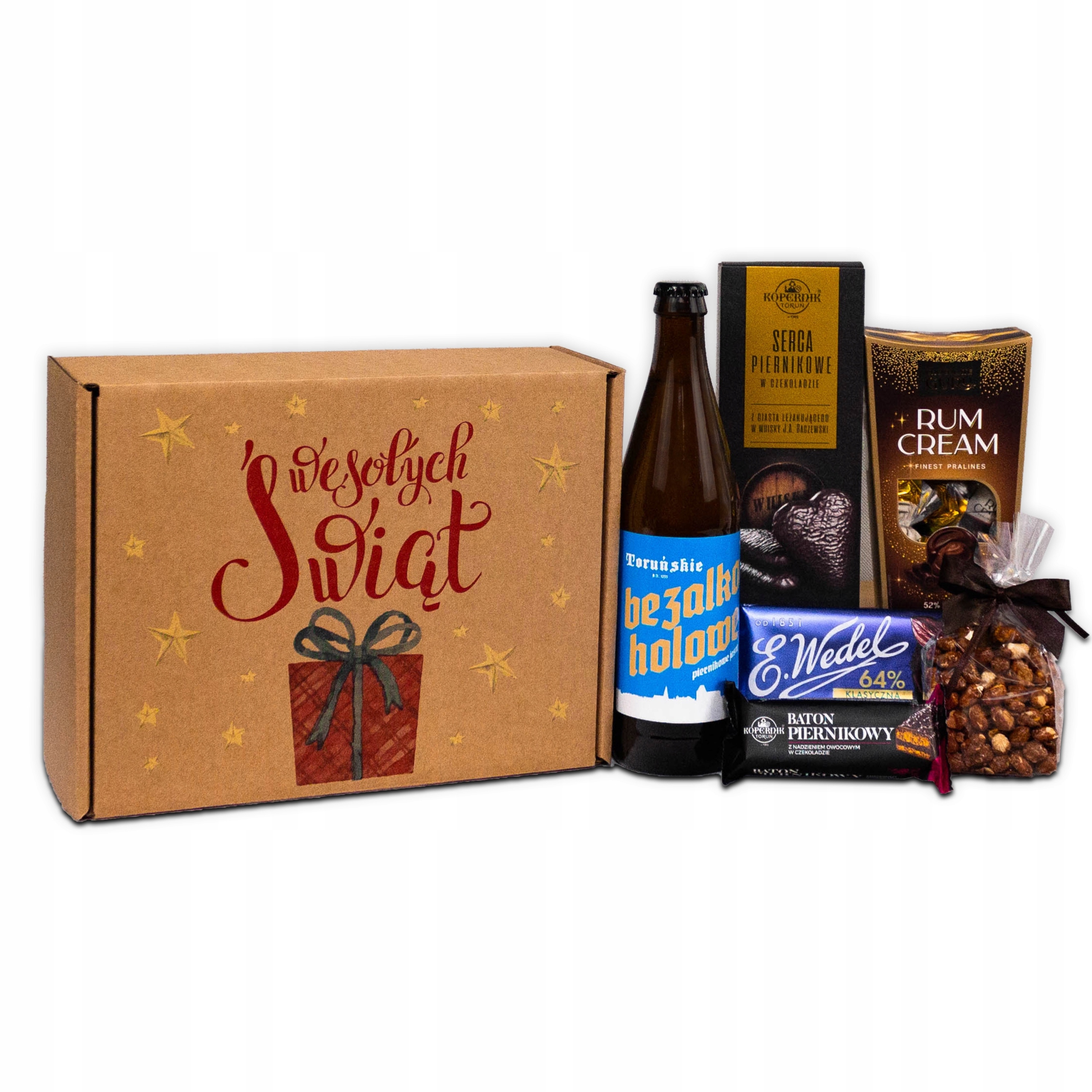 Levně Dárková krabička, vánoční košík – nealkoholické Pivo, sladkosti, oříšky