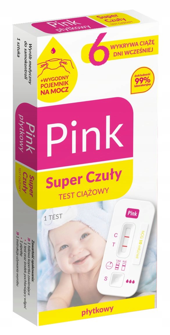 PINK SUPER CZUŁY PŁYTKOWY TEST CIĄŻOWY 99,9% Typ wyrobu medycznego wyrób medyczny lub wyrób medyczny do diagnostyki in-vitro