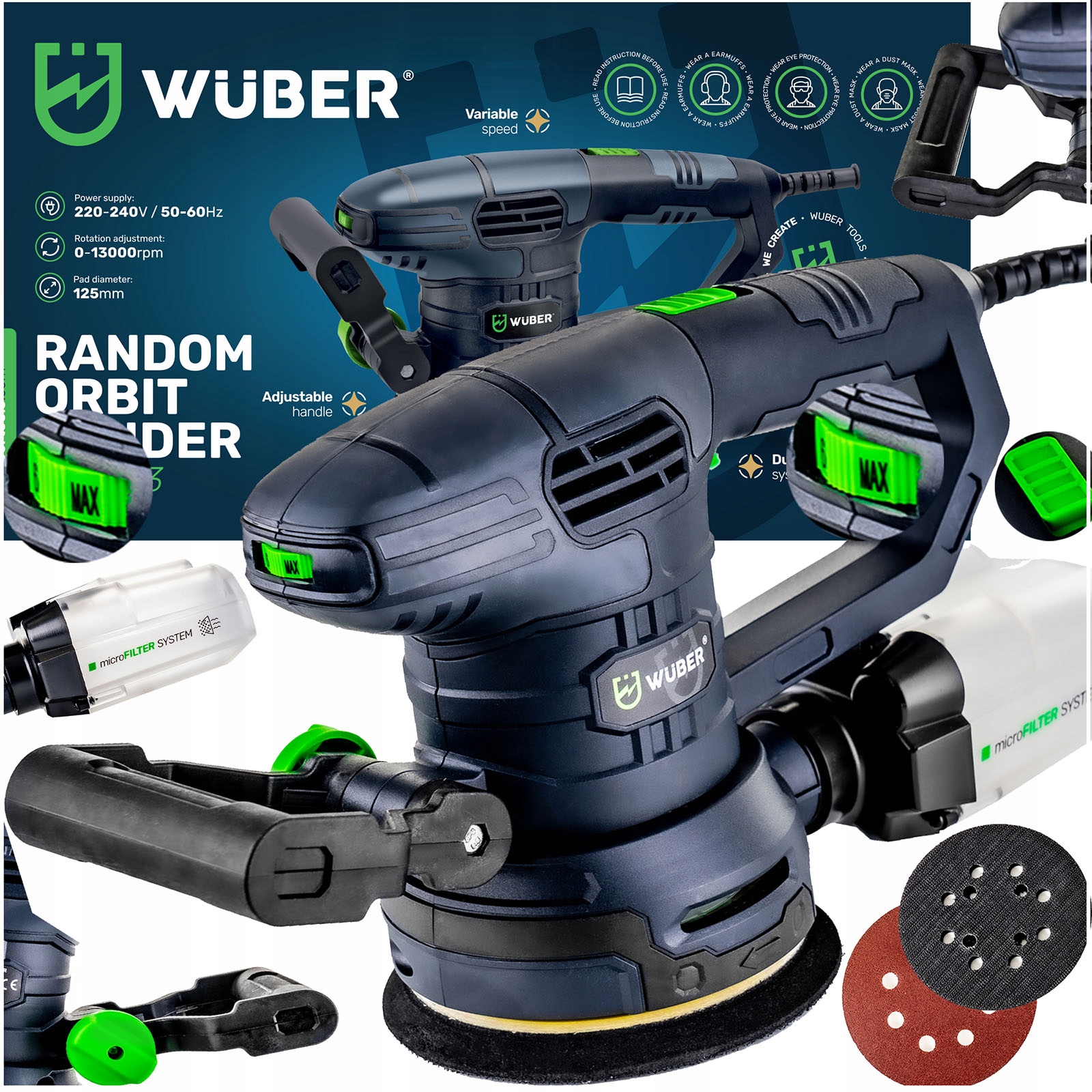 Mocna Szlifierka Mimośrodowa Mimośrodowa Z Regulacją 1100W Odpylanie 125 MM