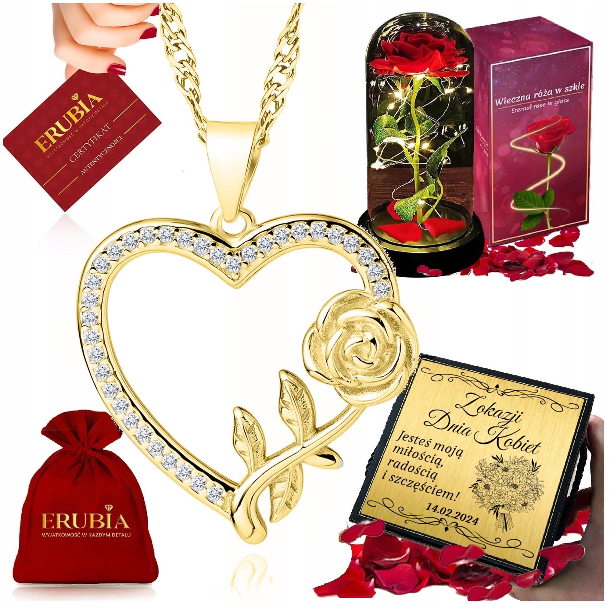Zlatý Řetízek Se Srdcem 925, Věčná Růže, Sada Pro Ženu Gravírování
