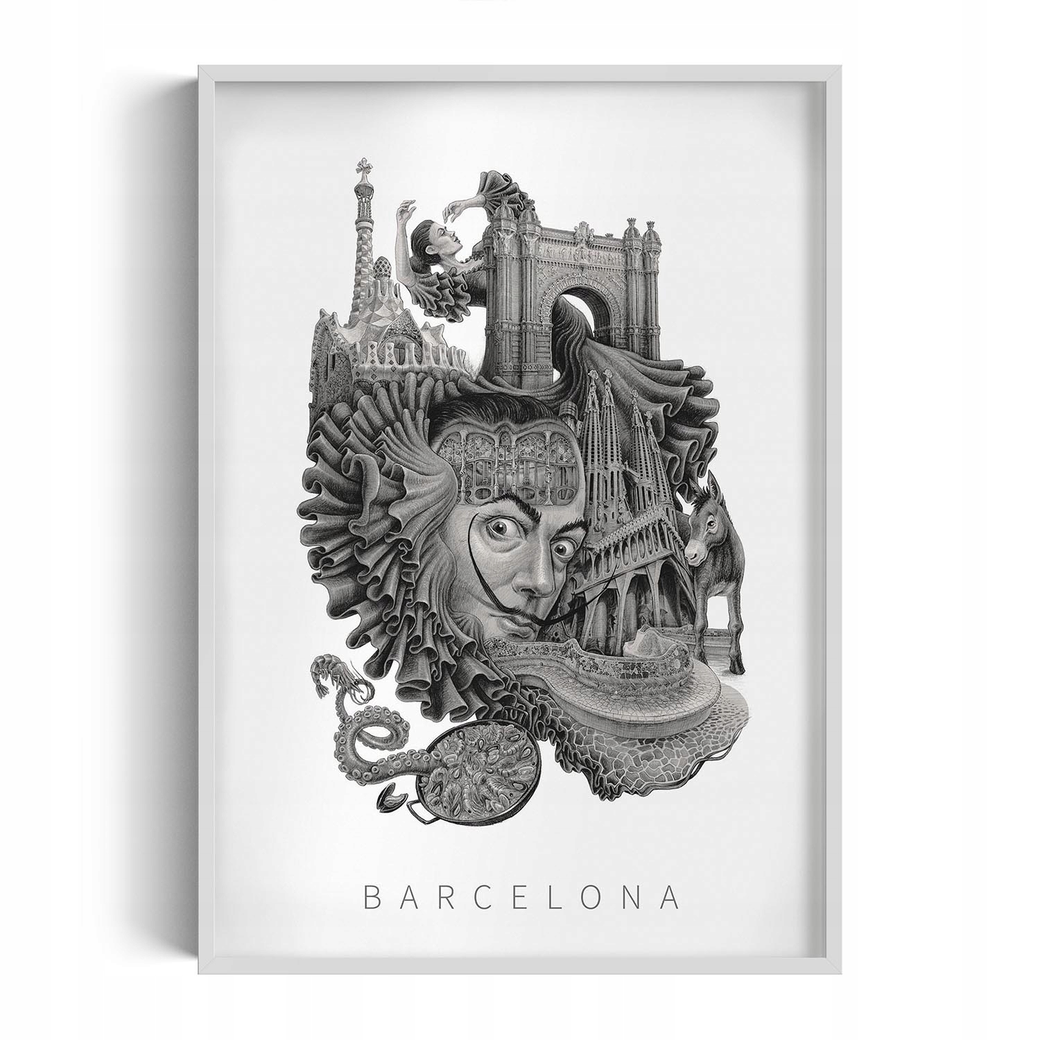 Dekorativní nástěnný obraz v rámu s loftovou grafikou Černobílá Barcelona 70x100