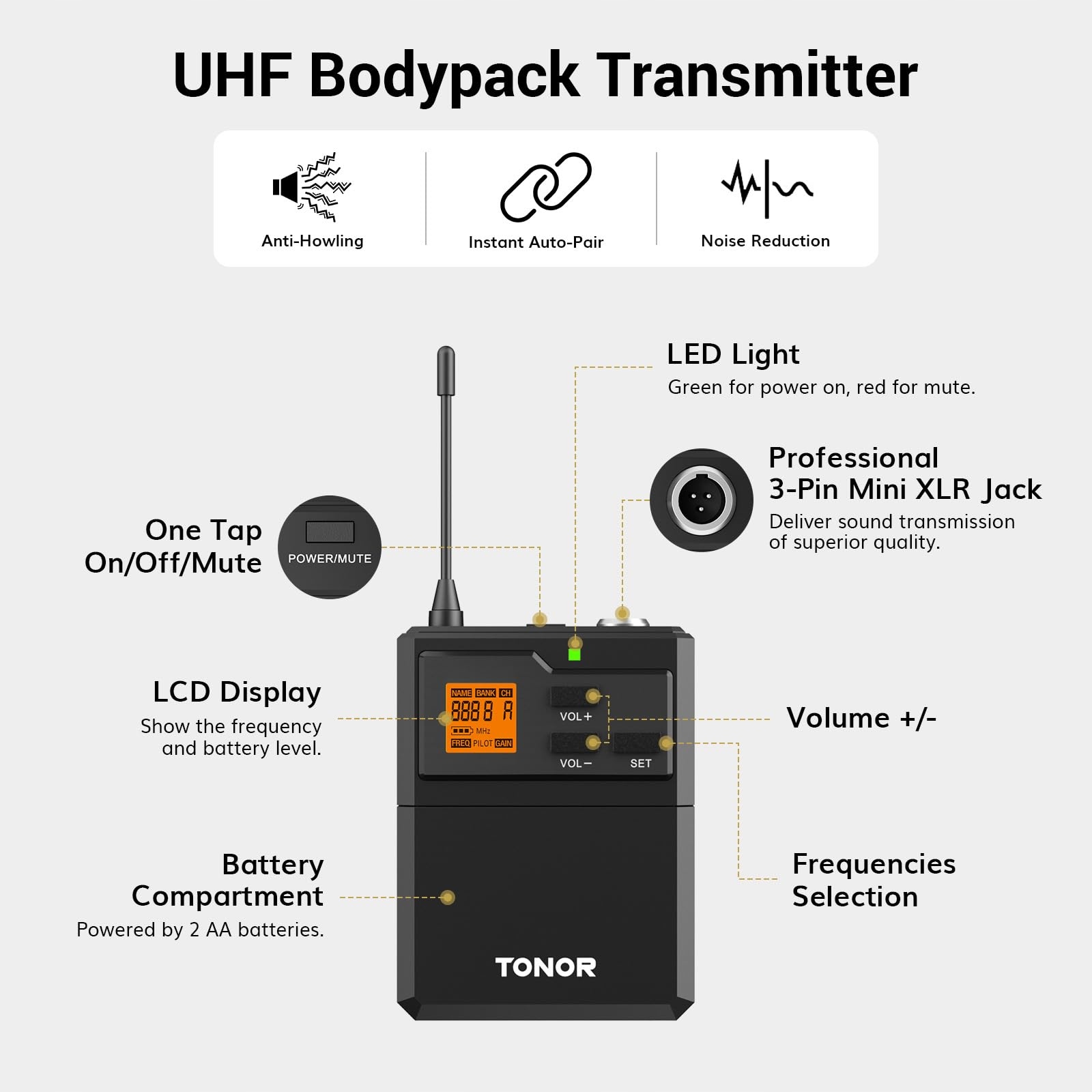 TONOR Zestaw Mikrofonów Bezprzewodowych UHF z Nadajnikiem Bodypack — miniatura 4