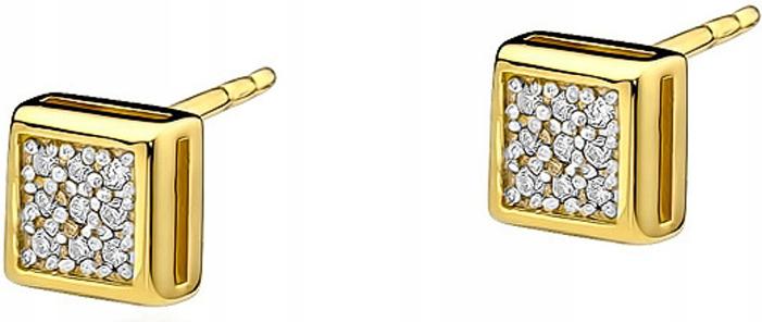 Zlaté náušnice 585, čtverečky s diamanty, módní vzor jako dárek
