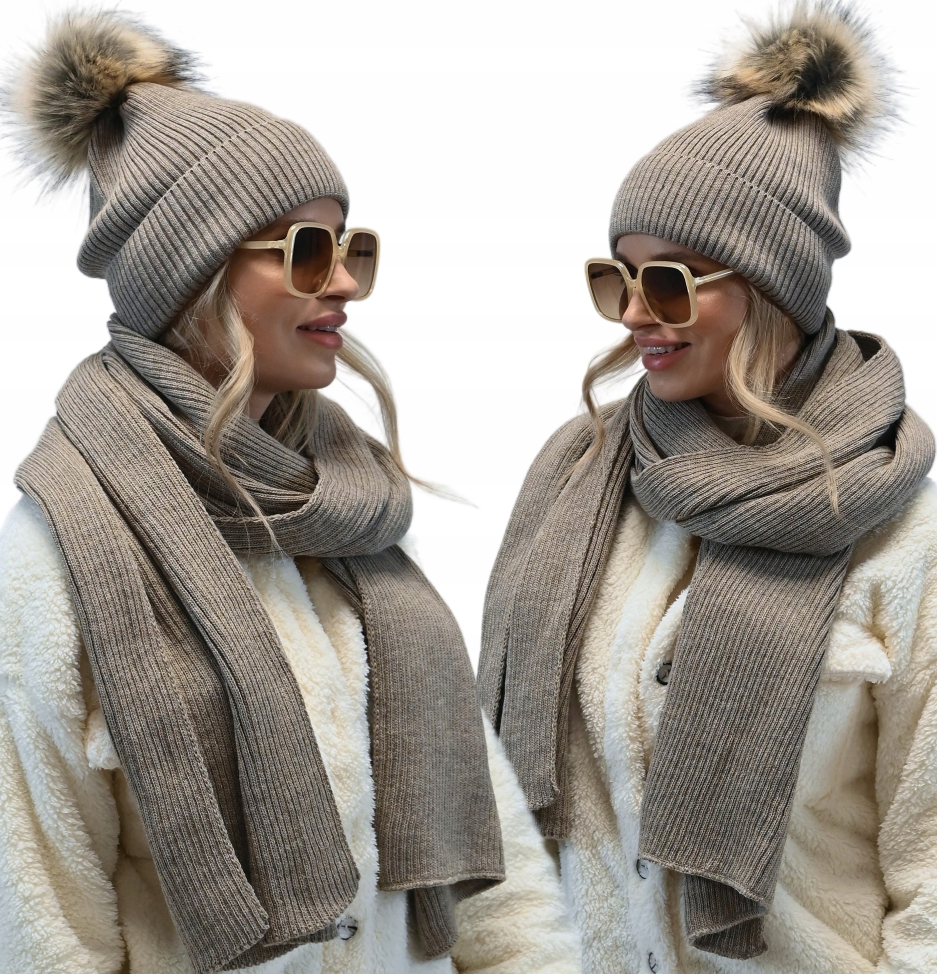 Dámský komplet Čepice s bambulí velký šátek Szal Polský set Latte