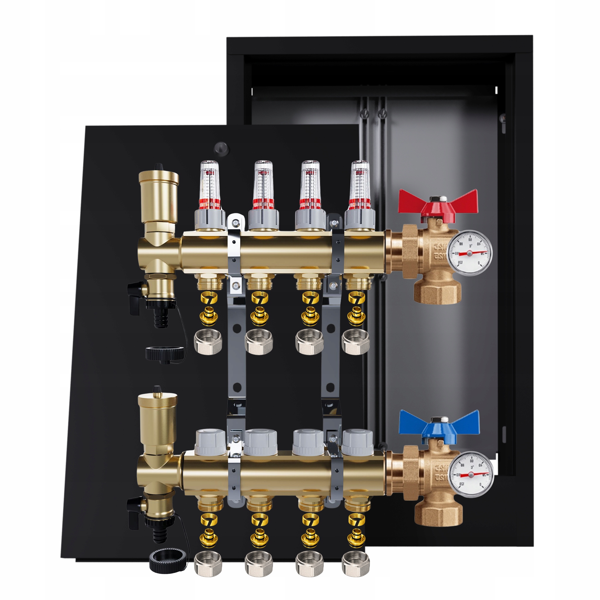 Rozdělovač Pro Podlahovou Krytinu 4 Okruhy Ventily Teploměr Skříňka Pex