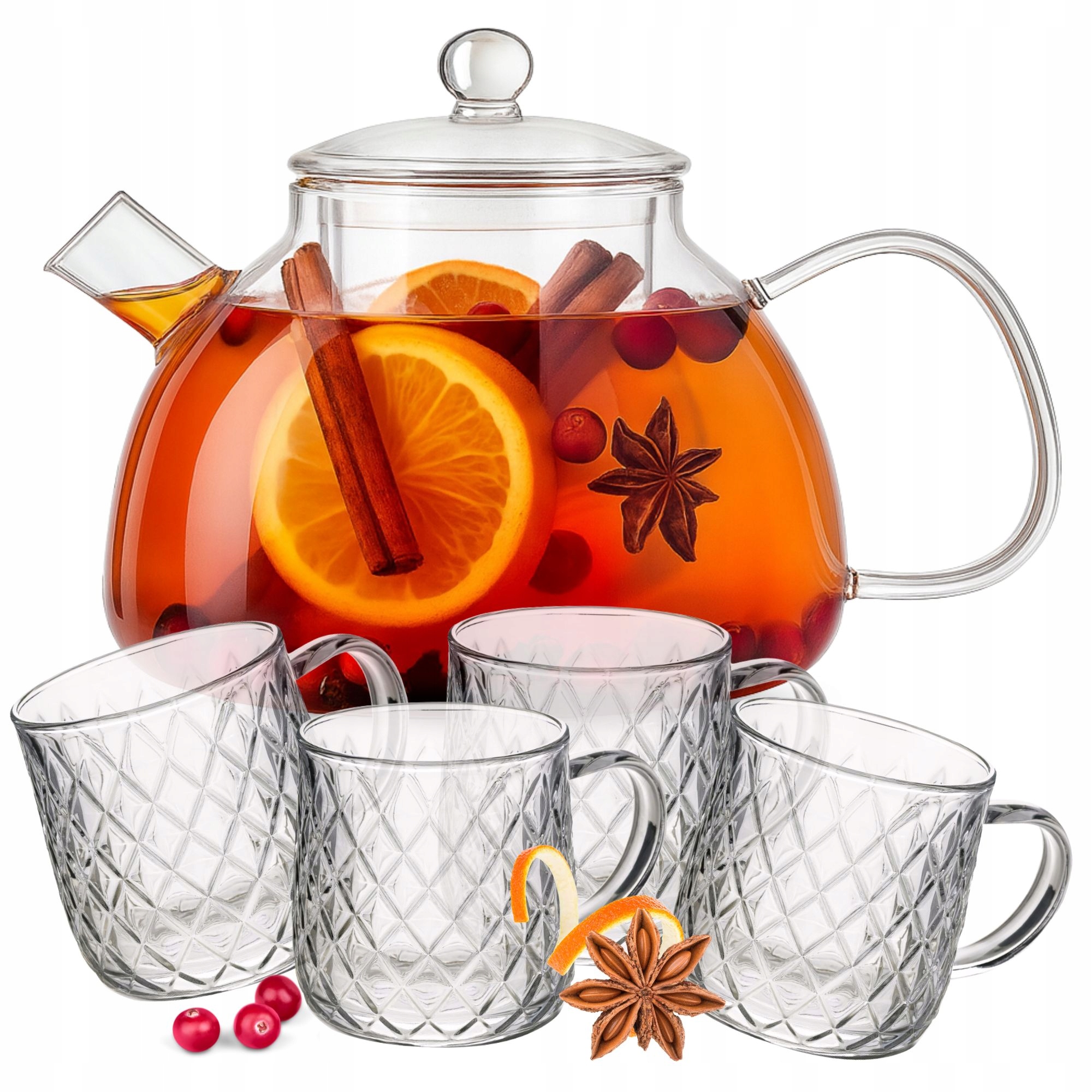 Skleněná konvice 1,3 l s konvičkou 4 sklenice s uchem, sada 350 ml