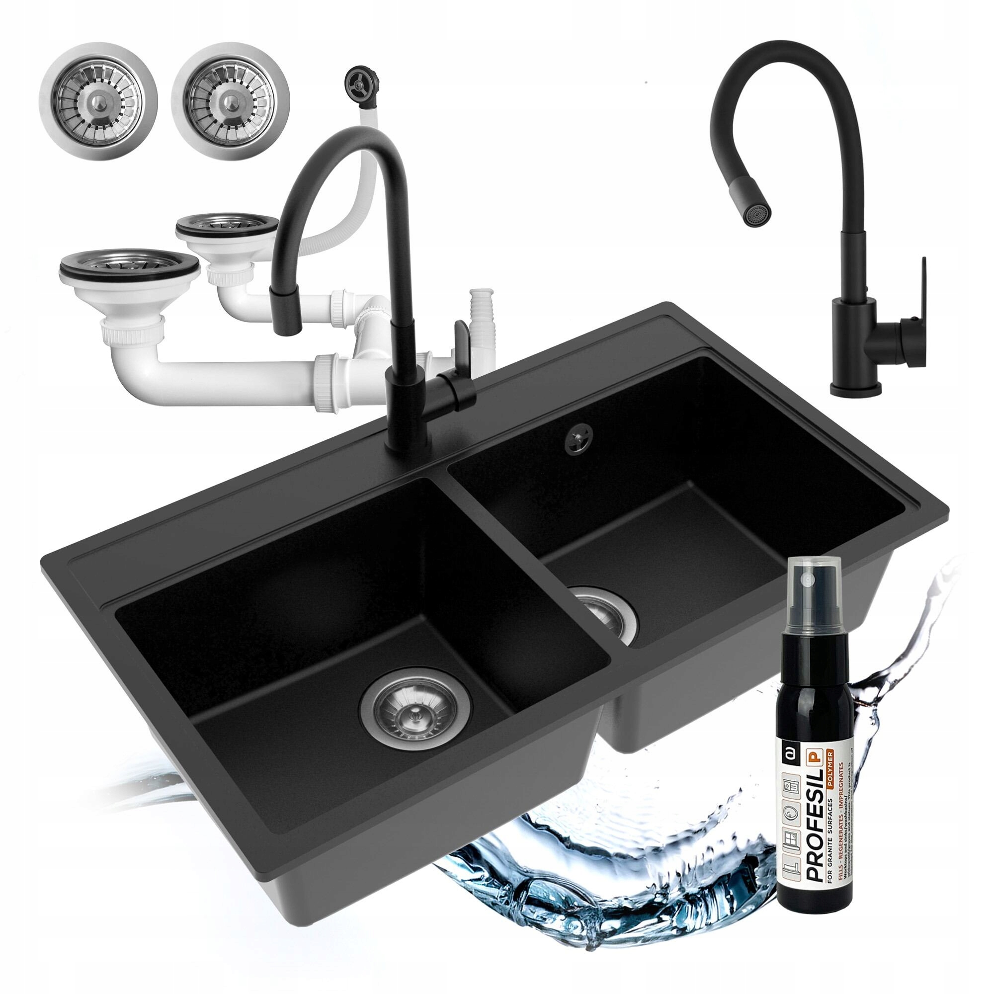 Granitový Dvojkomorový Kuchynský Drez, Flexibilná Batéria, Sifón