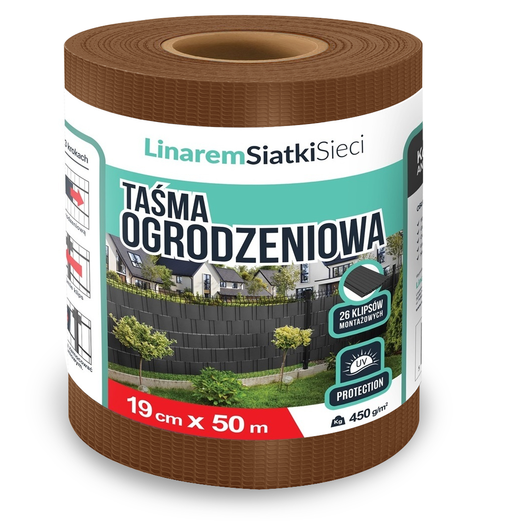 Taśma Ogrodzeniowa 19cm x 50m Osłona Mata Na Ogrodzenia Płot Brąz +klipsy