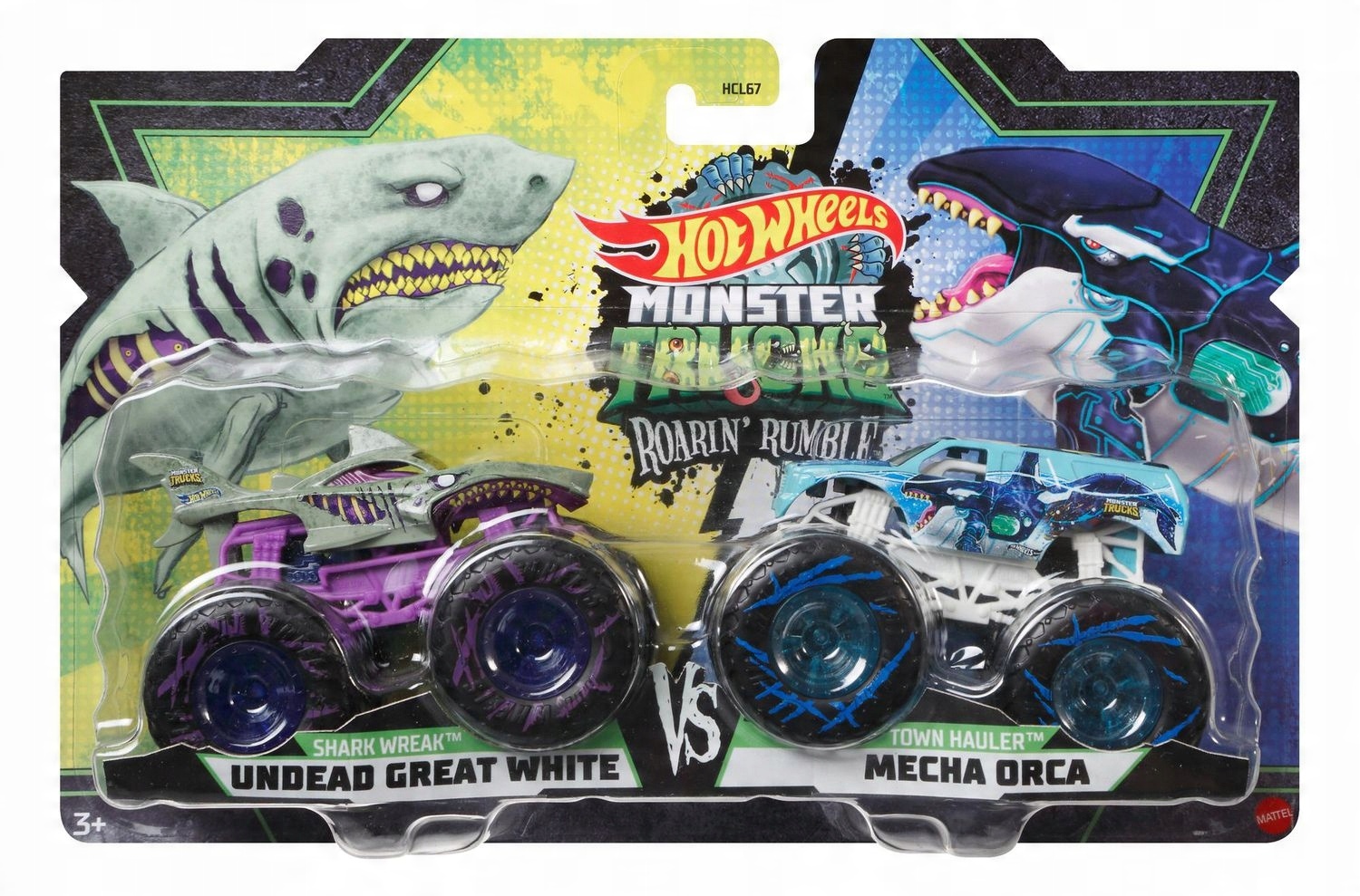 

Hot Wheels Monster Truck Great White vs Mecha Orca