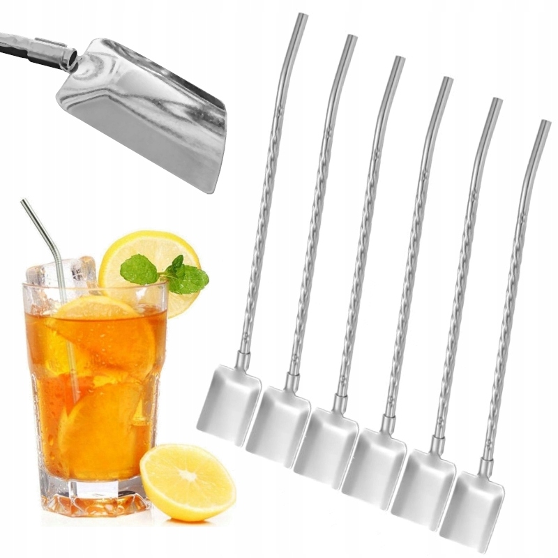 SREBRNE SŁOMKI Z ŁYŻECZKĄ EKO RURKI do napojów METALOWE słomki wielorazowe