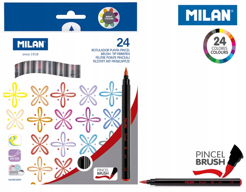 WODNE FLAMASTRY PĘDZELKOWE zestaw 24 kolorów MILAN w KSZTAŁCIE PĘDZELKA