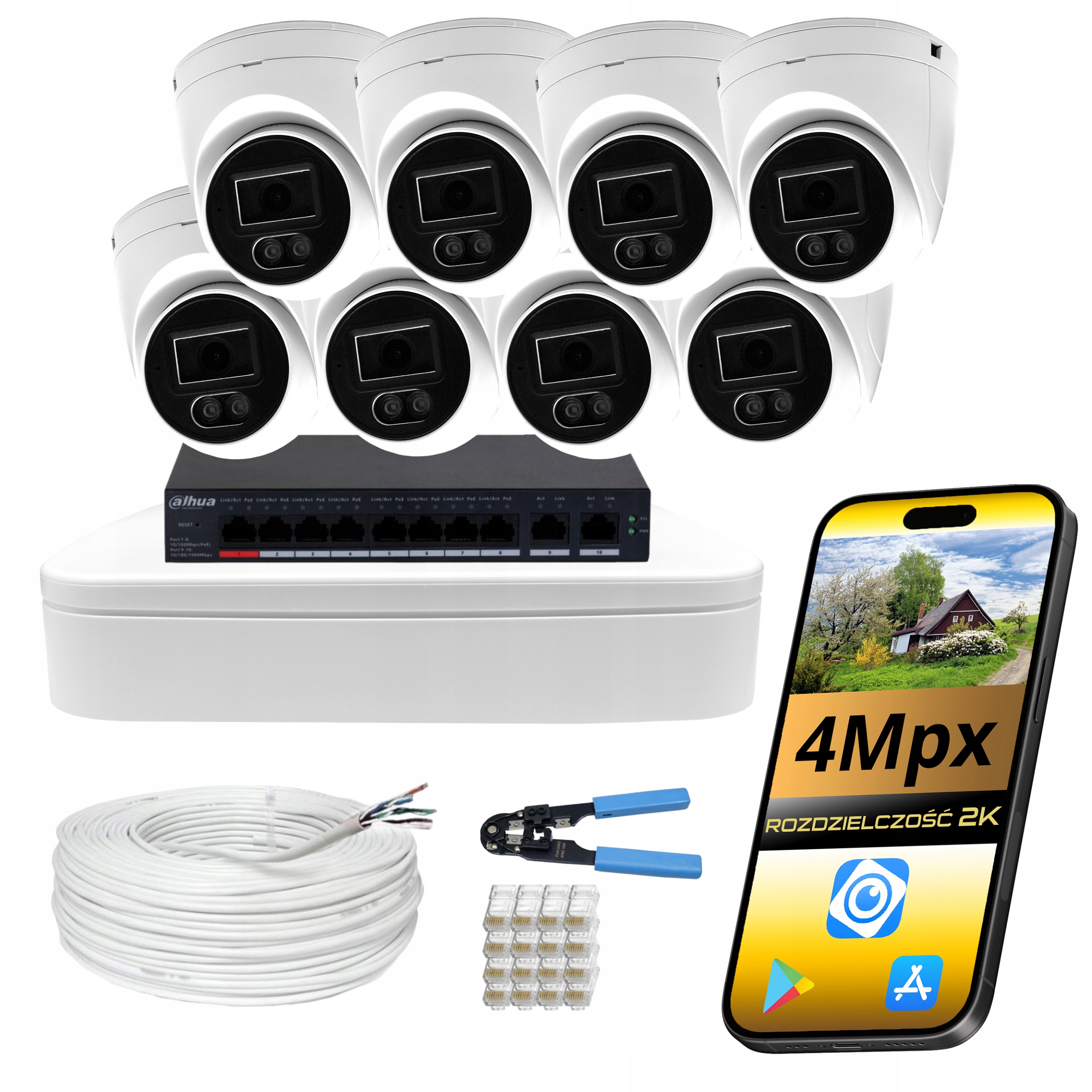 Monitorování domu Dahua Ip PoE 4Mp sada 8 venkovních kamer kopule Ir Led