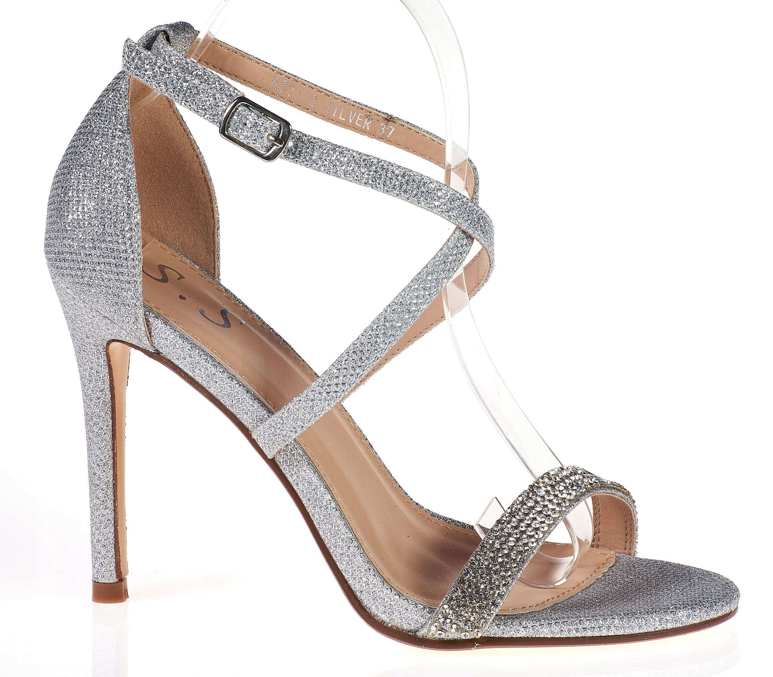 

Sandały Na Obcasie Szpilce 10,5 Srebrne Brokat 40