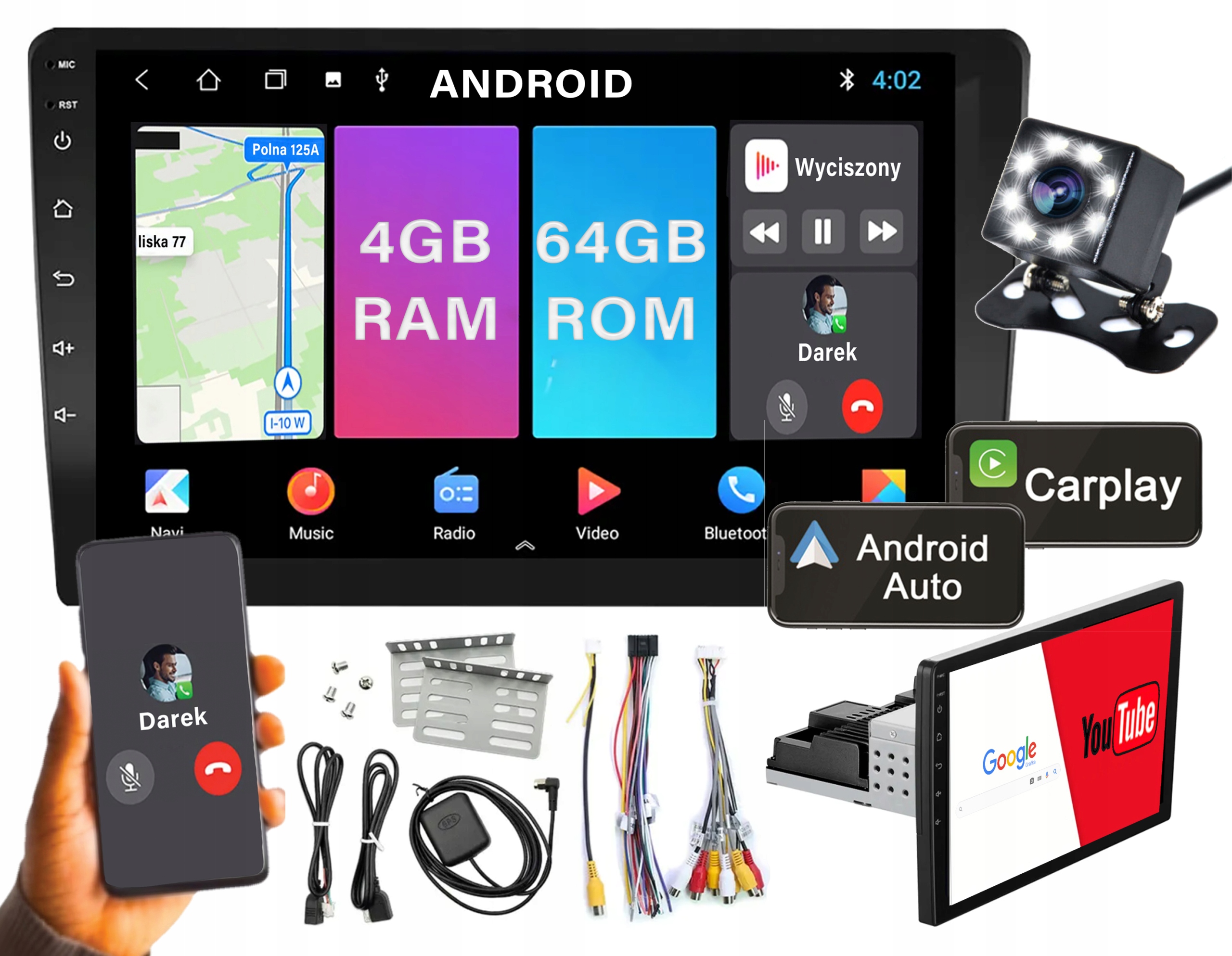 Radio Samochodowe 1DIN 9"Android 4/64GB Bluetooth USB CarPlay AndroidAuto