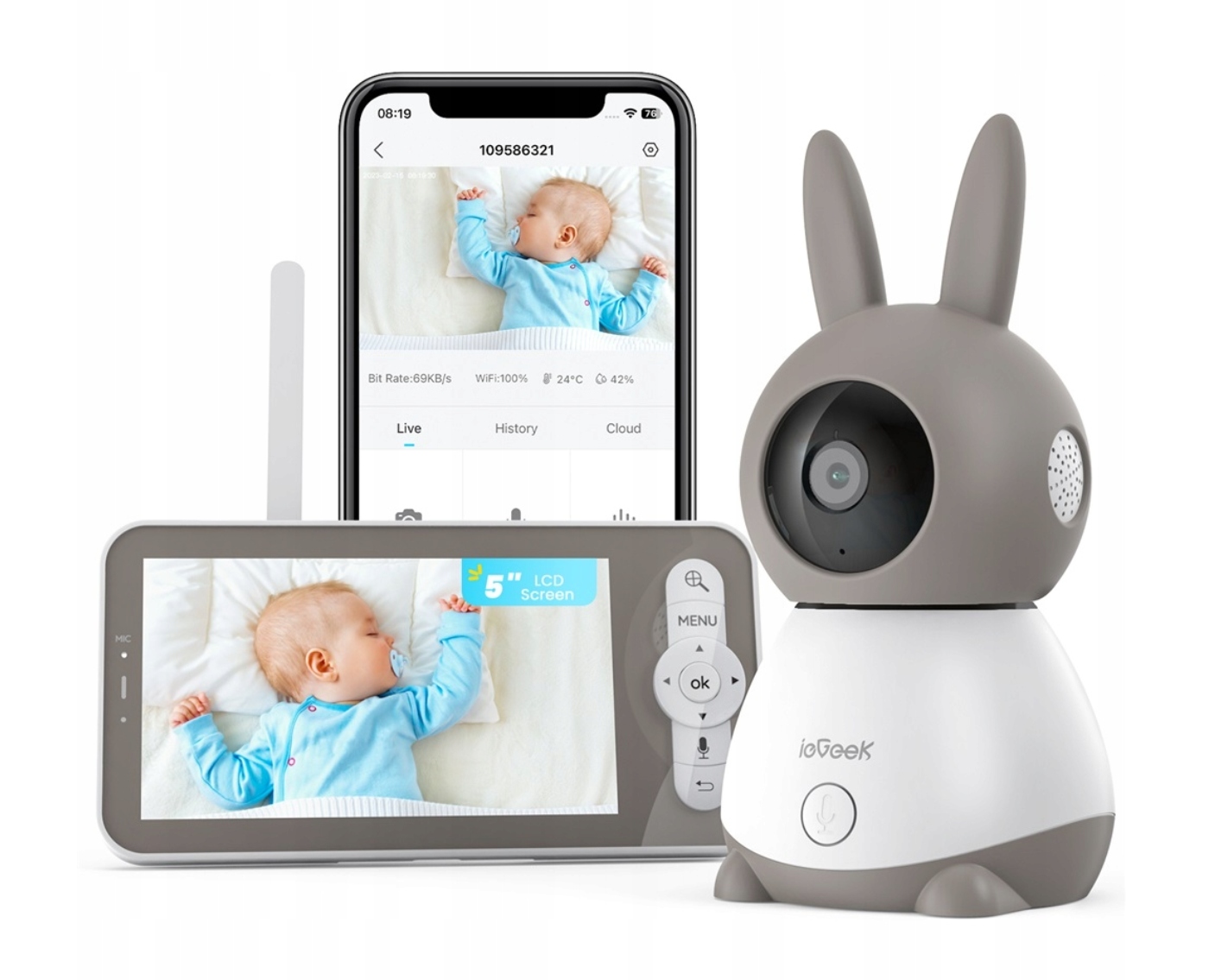 Niania Elektroniczna Iegeek Baby 1T Kamera Obrotowa Monitor Dla Niemowląt