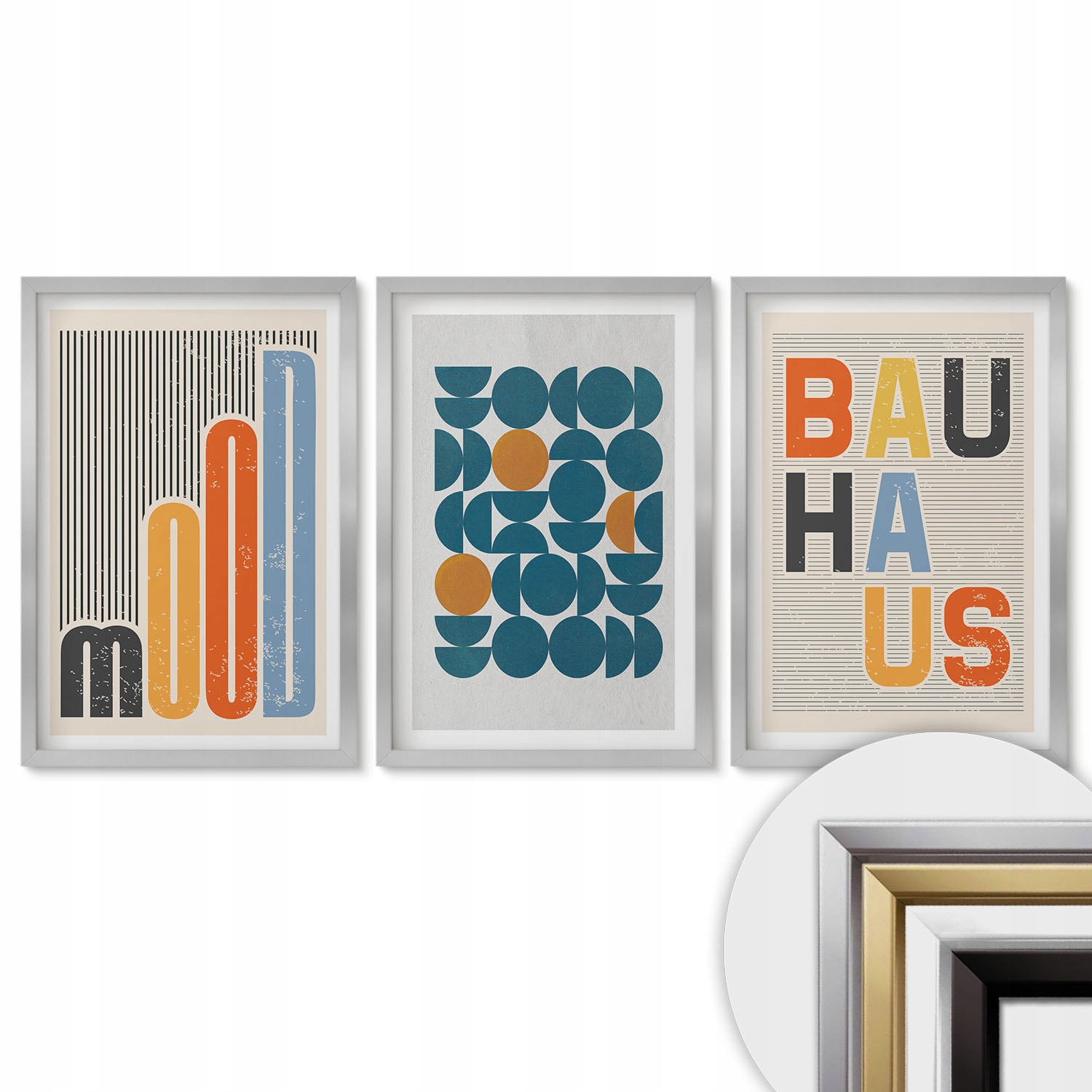 Sada 3 obrazů Triptych Stříbrný Rámeček 40x60 Geometrické vzory Bauhaus