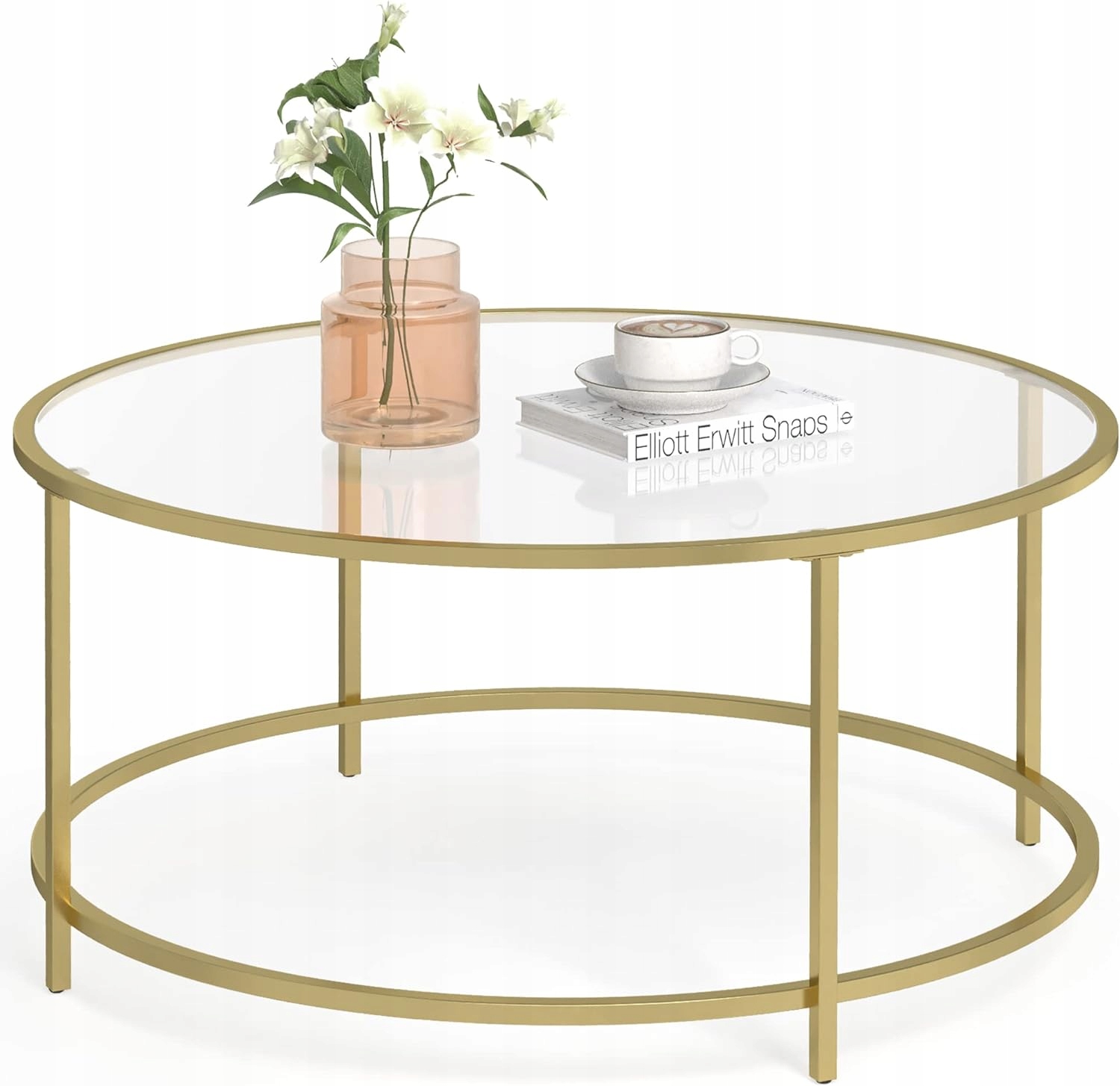 Круглий скляний журнальний столик з металевим каркасом, загартоване скло, золото, діаметр 84 см