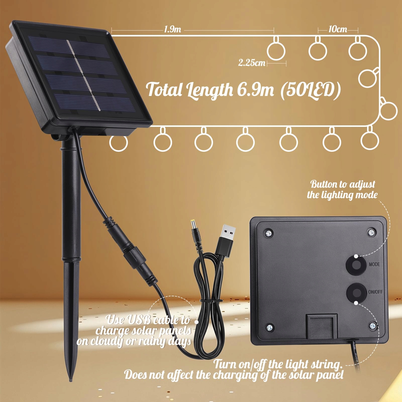 BIGQIN Solarna Girlanda Zewnętrzna 69M 50 LED IP65 8 Trybów Ciepła Biel — miniatura 2