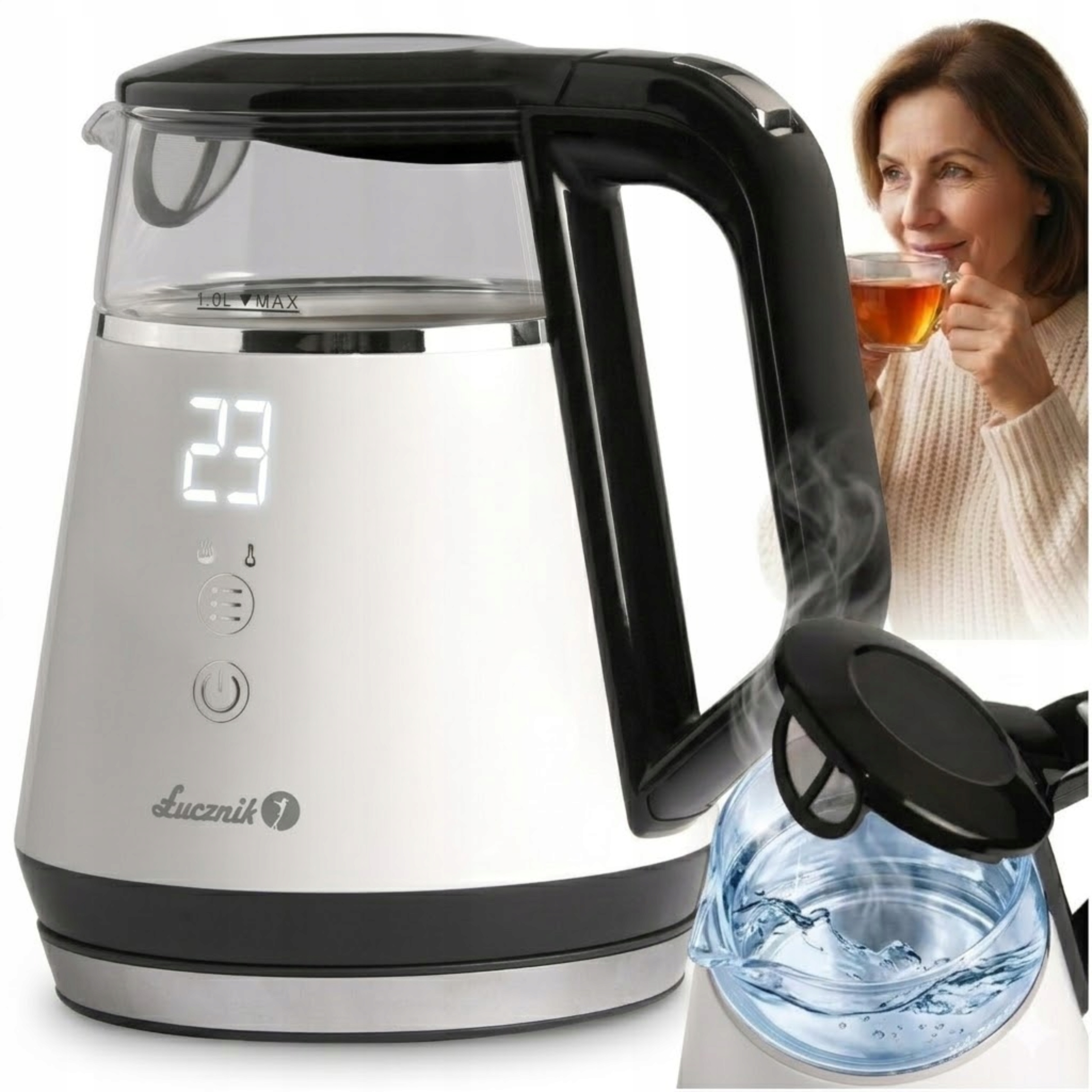 Czajnik Elektryczny Szklany z Regulacją Temperatury Łucznik 1L Mały Biały
