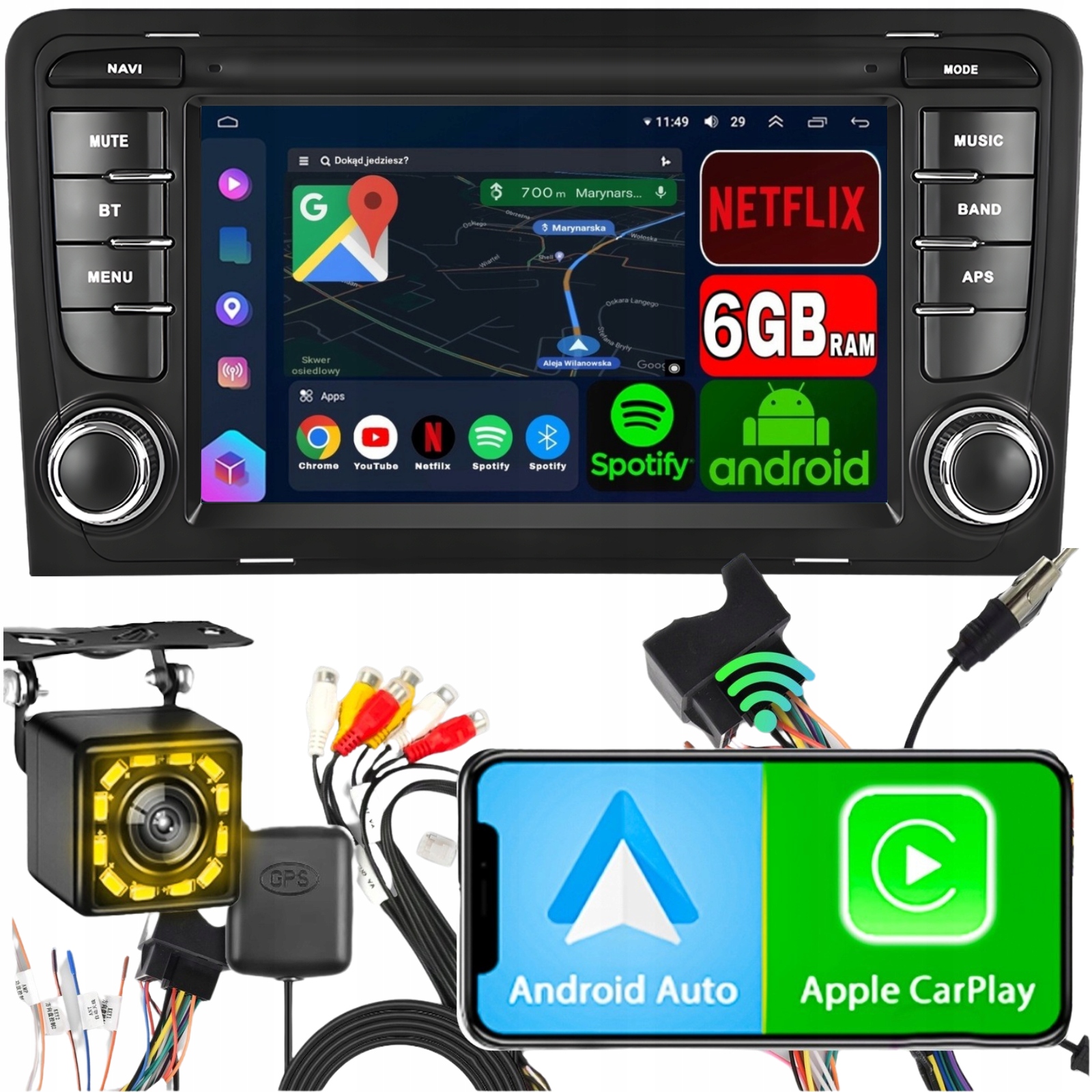 Automobilové Rádio pro Audi A3 Android Carplay Gps Wifi Rds Navigace 6GB Ram