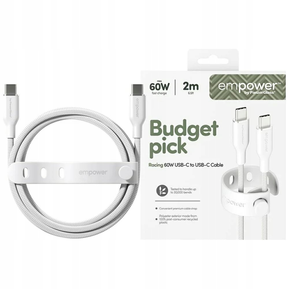 Kabel empower by PanzerGlass Racing 60W Usb-c na Usb-c 2 m stříbrno-bílý