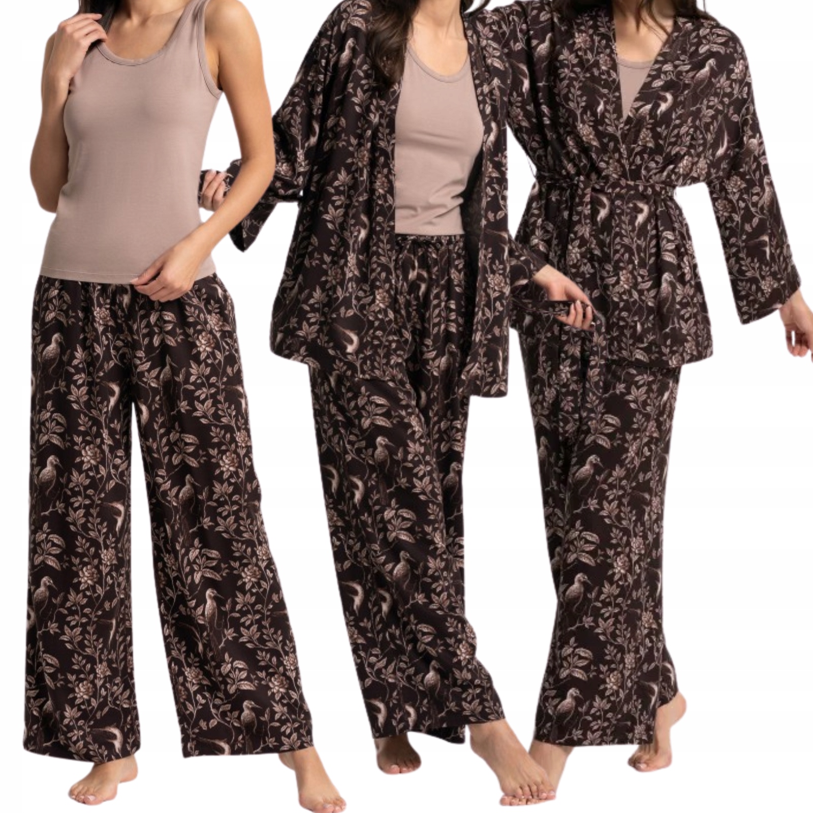 Dámský set Pyžamo Květiny Top Dlouhé kalhoty Župan Kimono Moraj 3XL