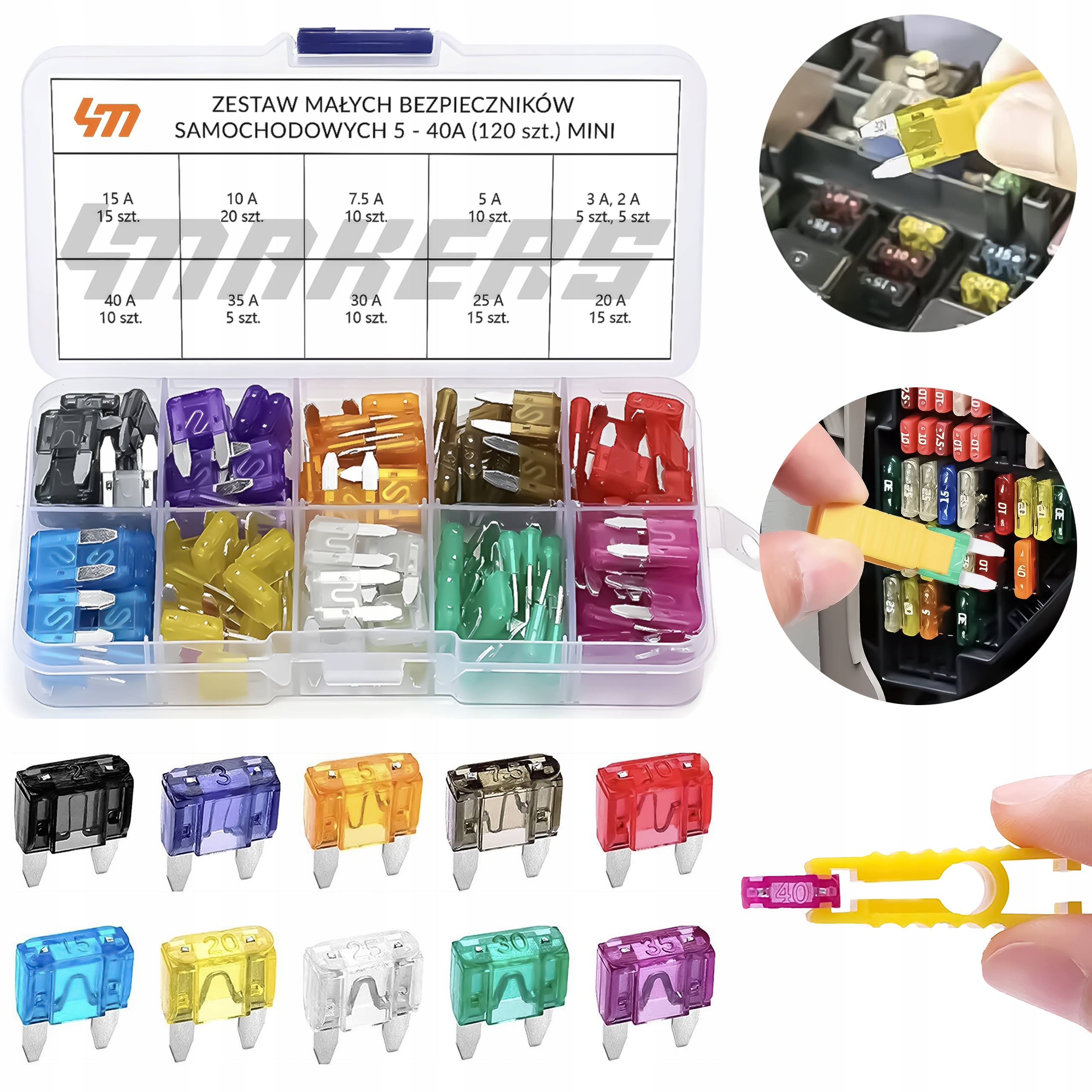 Zestaw Małych Bezpieczników Samochodowych 2-40A (120 szt.) Mini