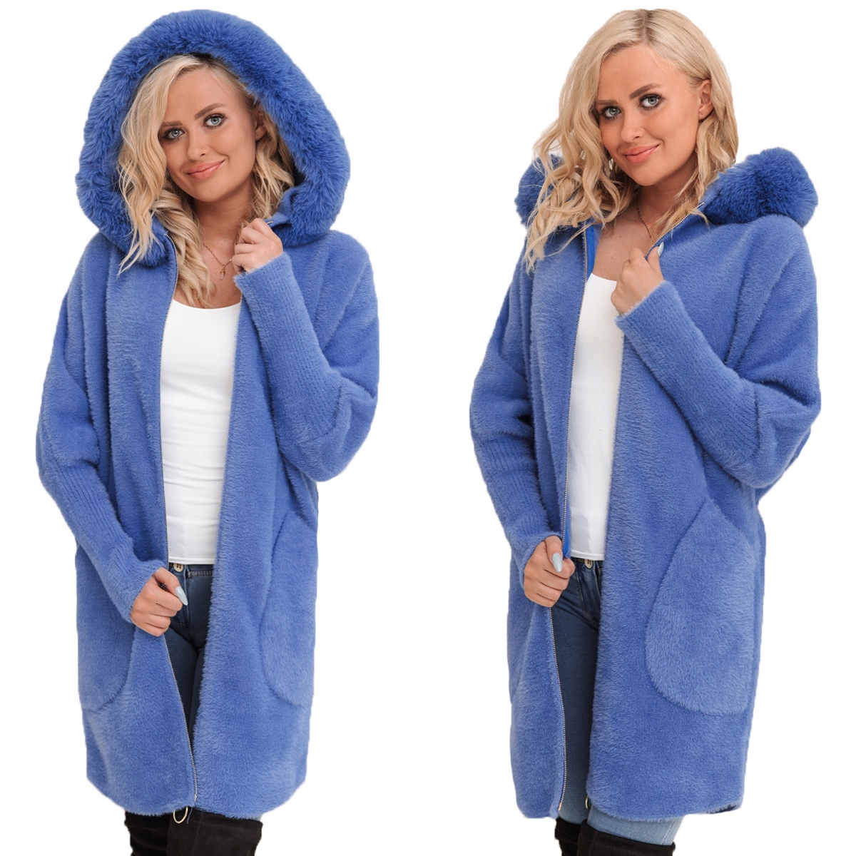 Z Futerkiem Płaszcz Alpaka Na Suwak Wełna Ciepły Niebieski