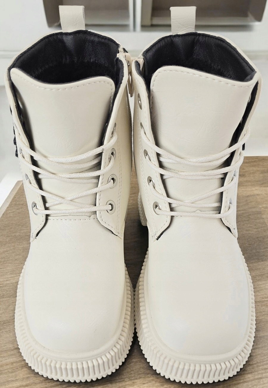 Sznurowane Trepy Kozaczki na Zamek Modne Śniegowce z Futerkiem Botki *34* Kolor biały