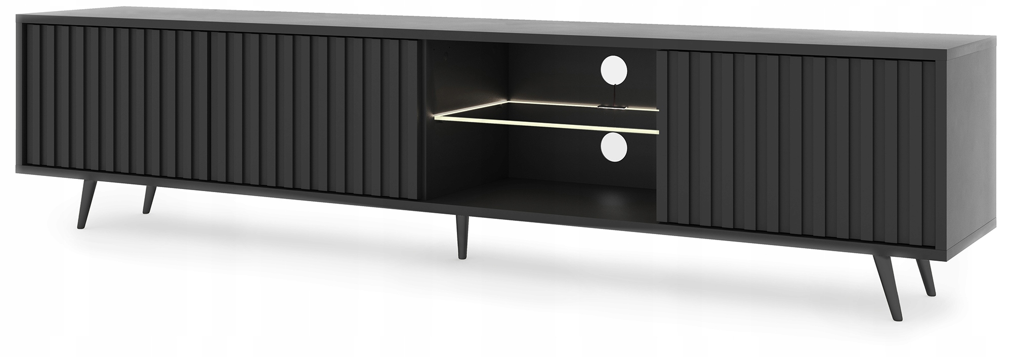 Rtv skříňka Bello s lamelovými čely 175 cm černá led s černými nohami