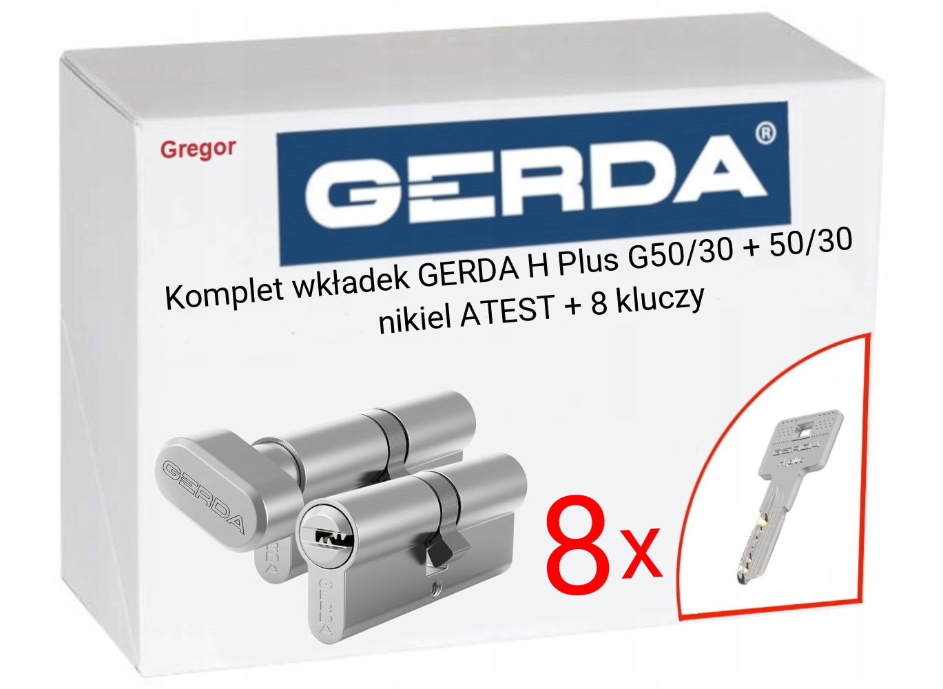 8 Kluczy Gerda H Plus komplet wkładek G50/30 50/30 nikiel satyna Atest