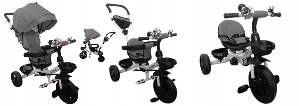 ROWEREK TRÓJKOŁOWY DLA DZIECI OBRACANY PCHACZ SPACERÓWKA SZARY NA ROCZEK Hamulec Tył