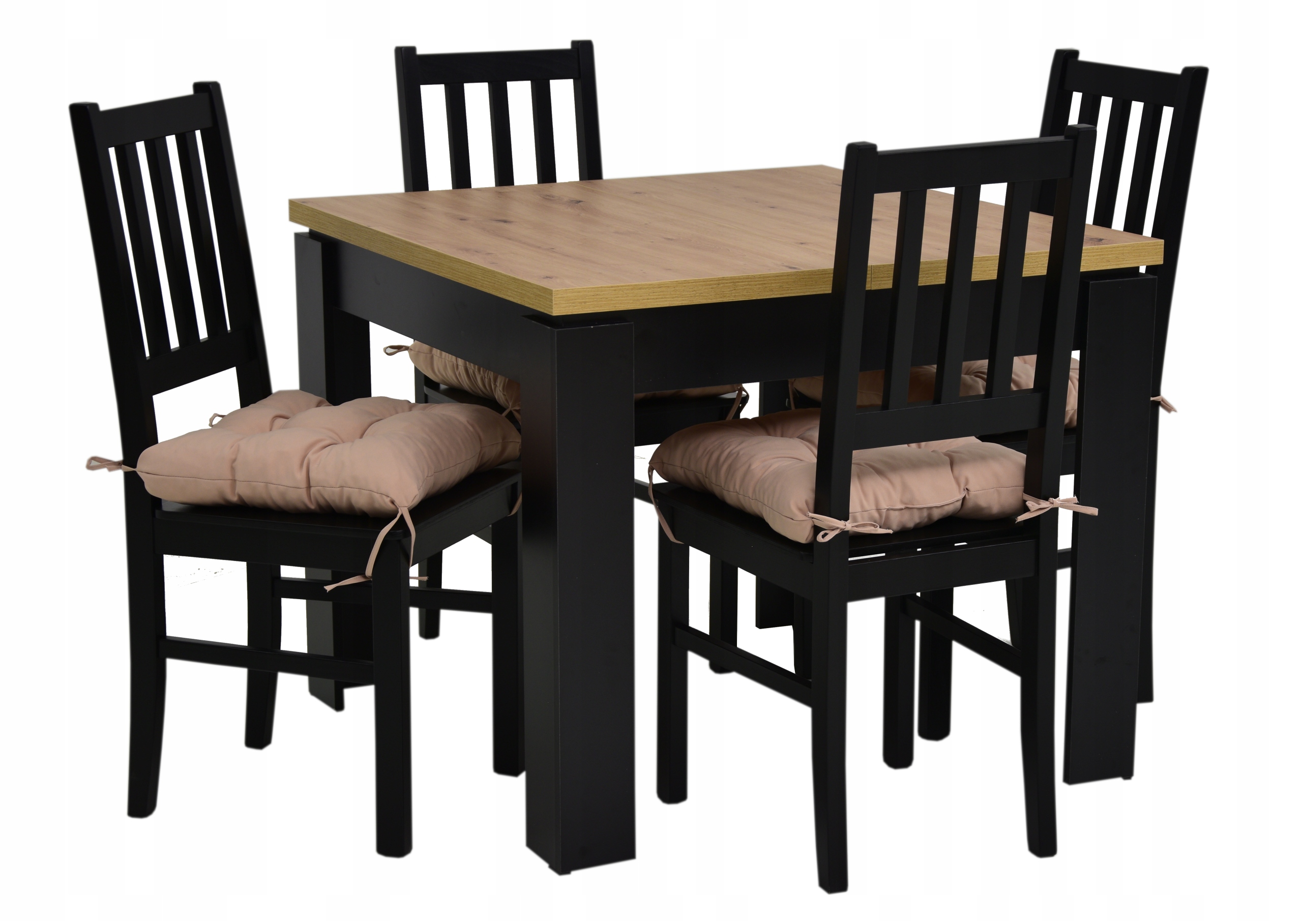 4 SOLIDNE krzesła z poduszką + stół DĄB 90x90/120