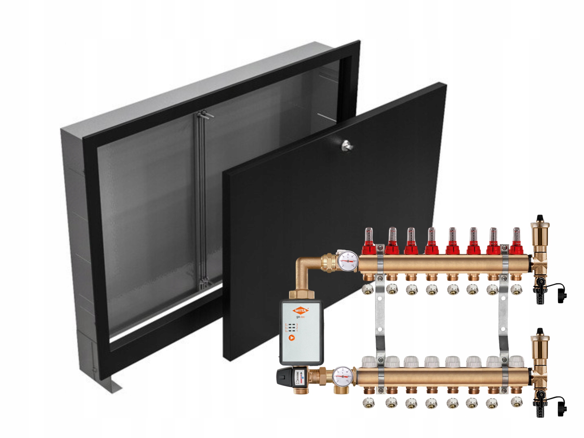 Mosazný Rozdělovač Podlahovky 8+ČERPADLO Vítá+podomítková Skříňka Černá+pex