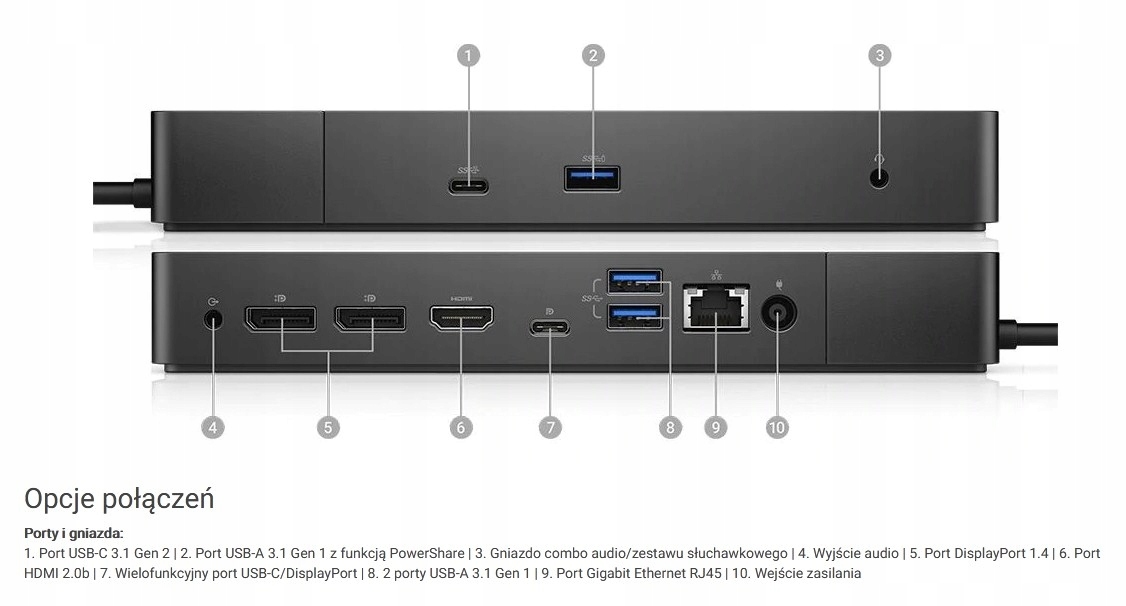Stacja dokująca Dell K20A USB-C + ZASILACZ DELL Interfejs USB typ C