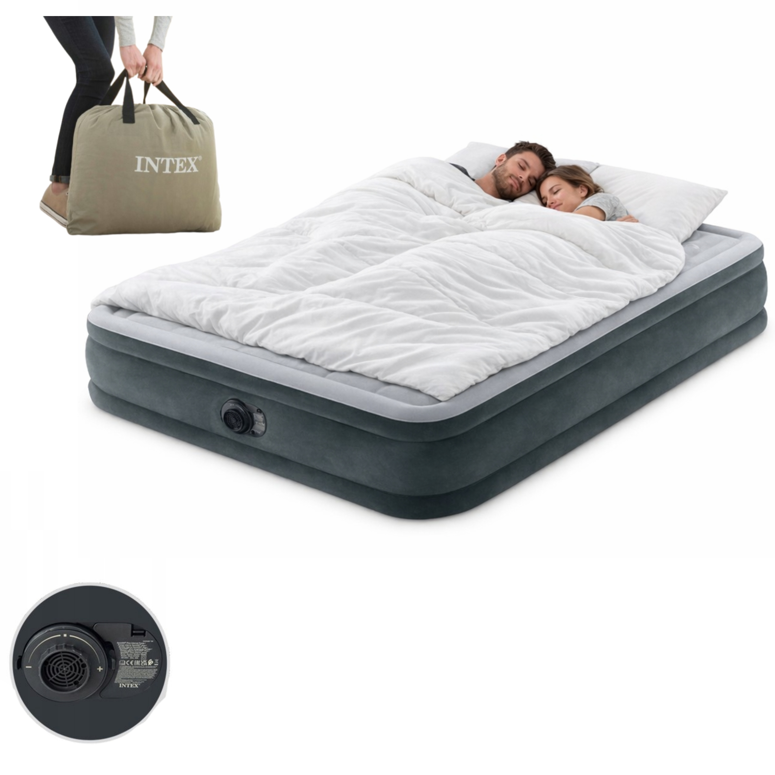 Materac dmuchany łóżko 203x152 cm Wbudowana pompka dwuosobowy Welur Premium