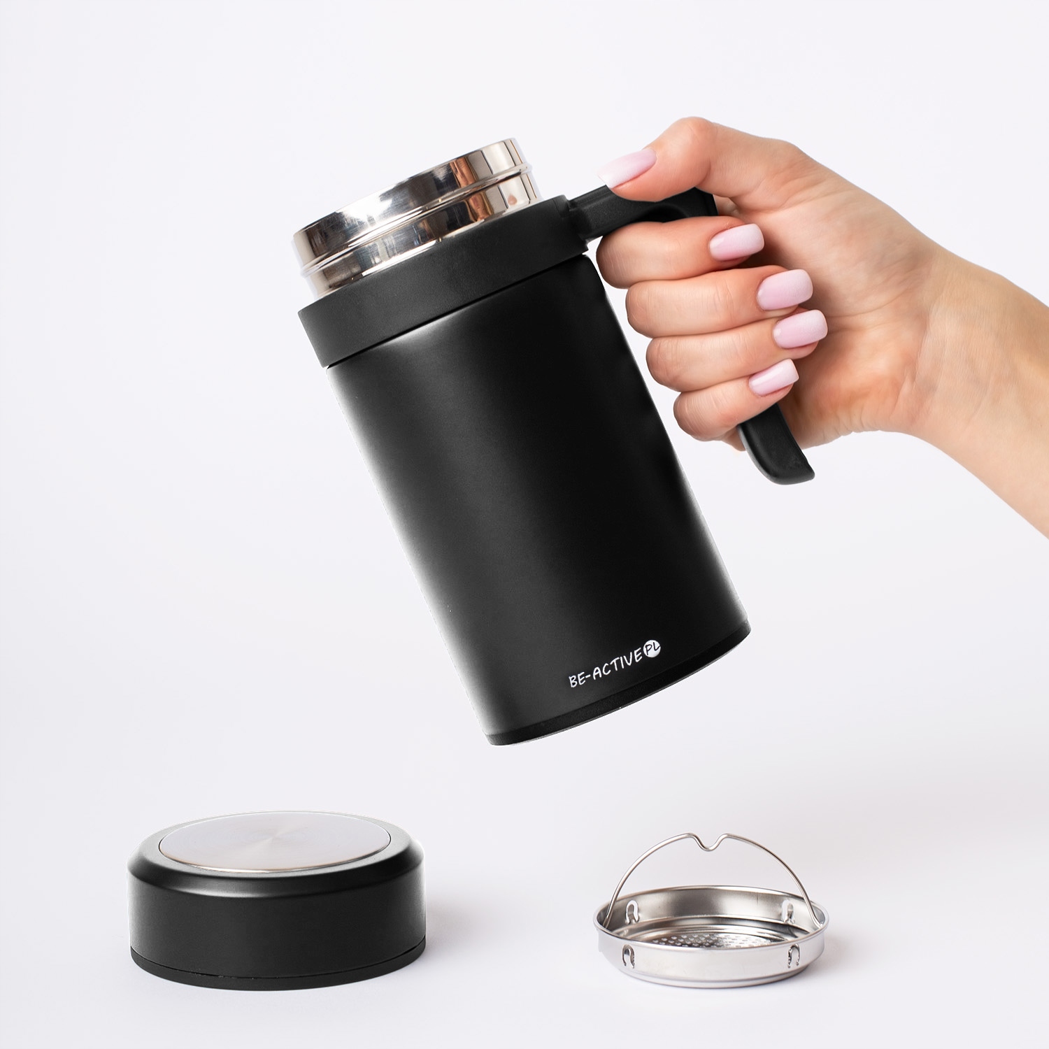 Kubek termiczny termos czarny podwójne ścianki duży 450ml na kawę herbatę — 15