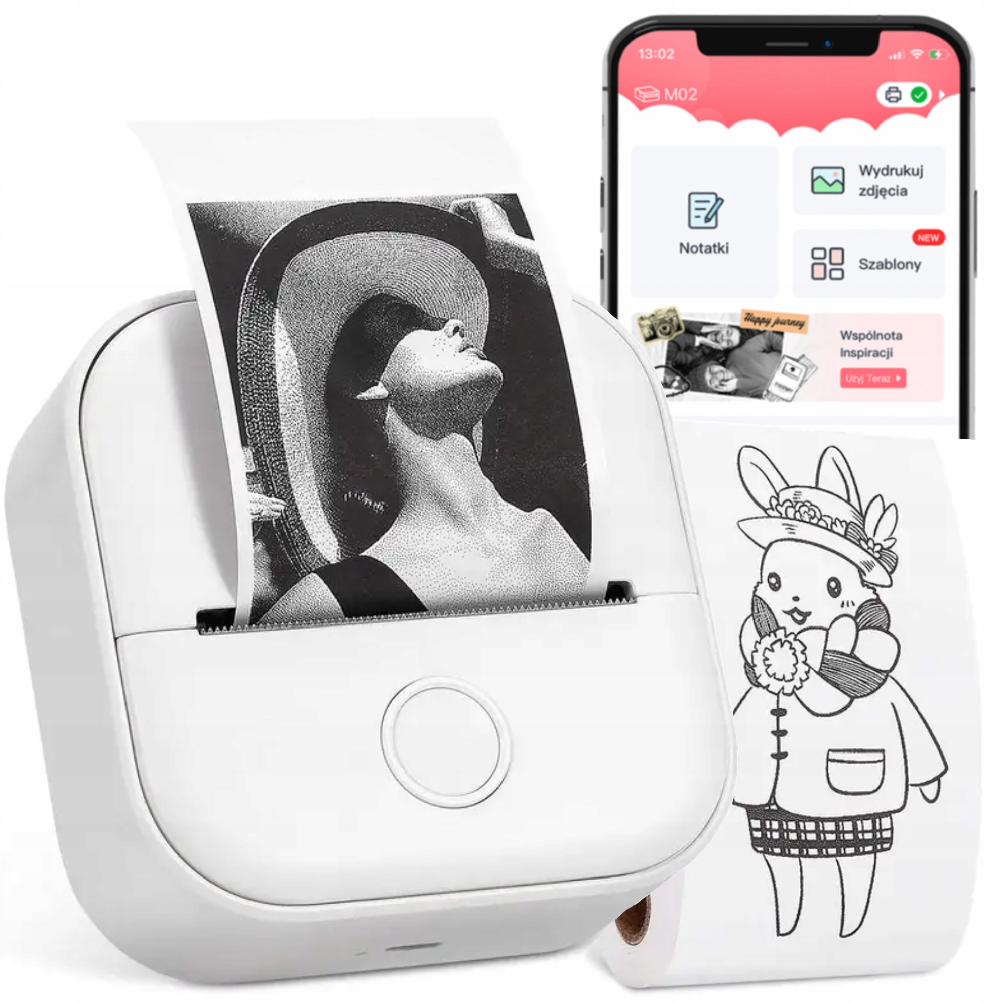 Mini drukarka termiczna Phomemo T02 biała zdjęć notatek etykiet