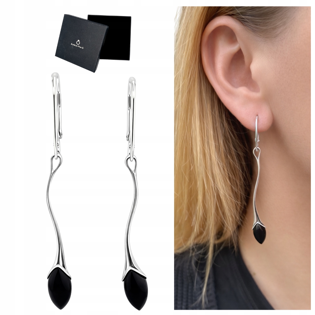 Stříbrné dlouhé závěsné náušnice podlouhlé s černým onyxem stříbro 925